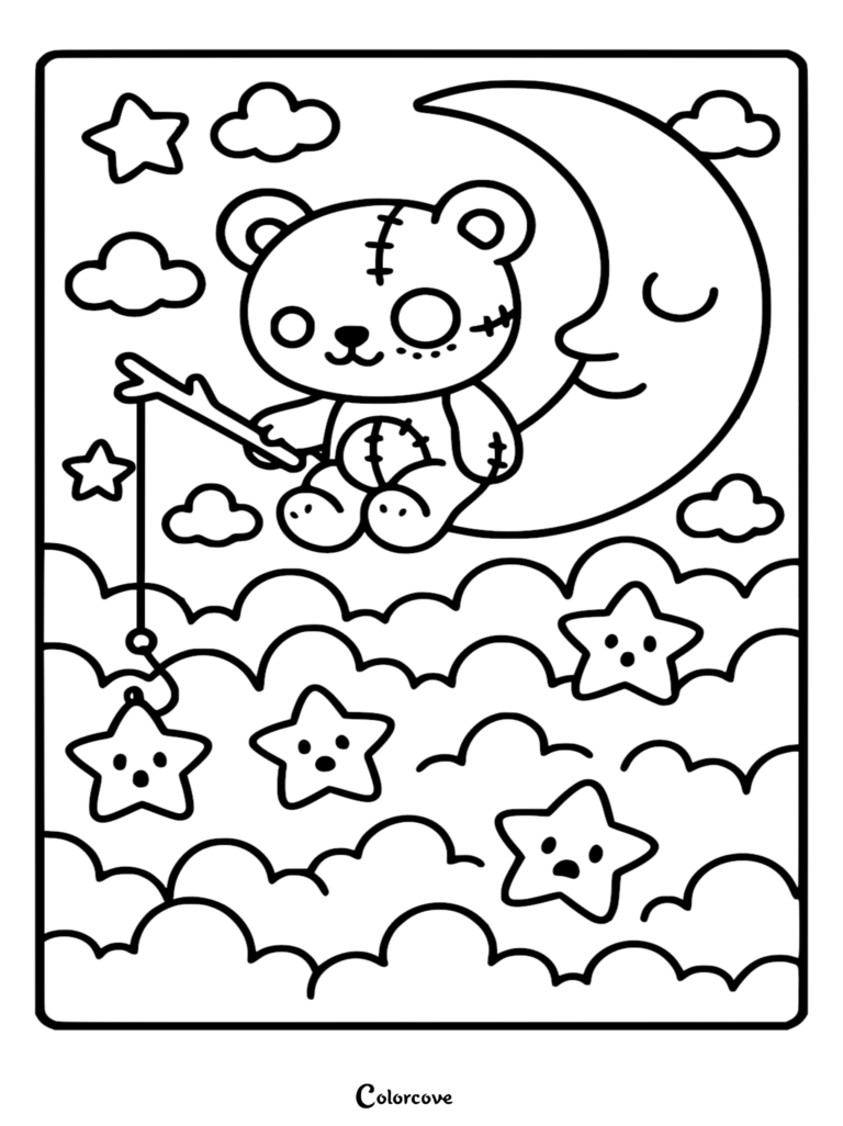 A cute zombie teddy bear with stitches sitting on a crescent moon, fishing for cartoon stars in the clouds, printable coloring page.