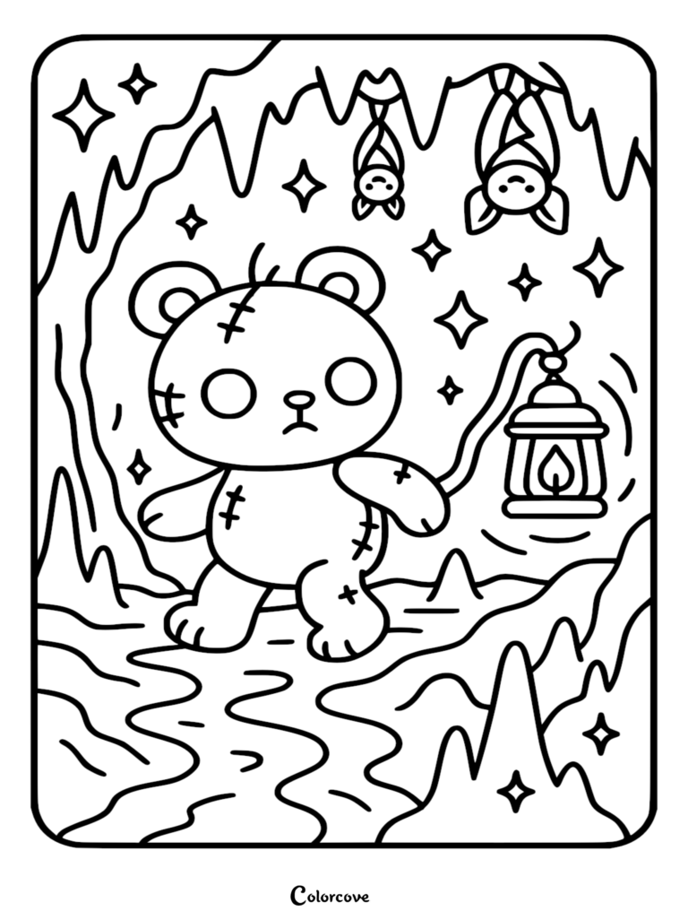 A cute zombie teddy bear holding a lantern walks through a dark cave with two hanging bats, featured in this printable coloring page.