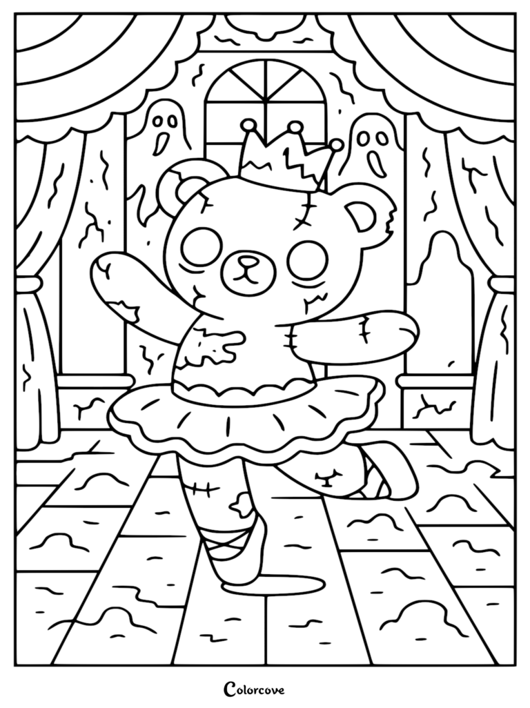 A printable zombie teddy bear ballerina wearing a crown and tutu, dancing on a stage with ghosts, line art coloring page.