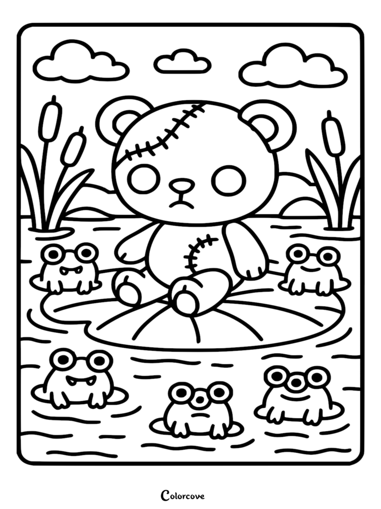 A cute zombie teddy bear with stitched wounds sitting on a large lily pad surrounded by four small, friendly frogs in a swamp coloring page.