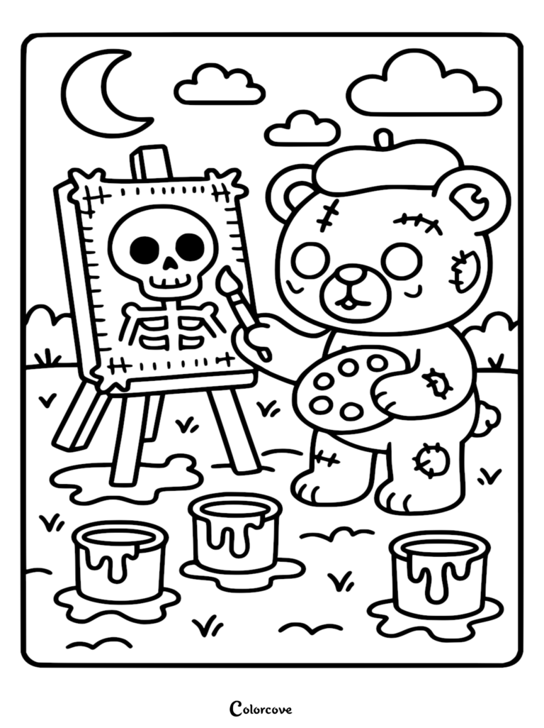 A cute zombie teddy bear wearing a beret painting a skeleton on a canvas, featured in this printable coloring page with paint pots and crescent moon background.