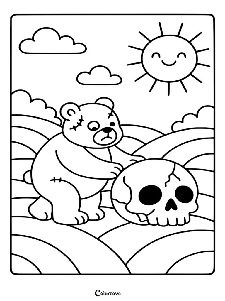 A printable zombie teddy bear coloring page featuring a stitched plush toy standing over a human skull in a grassy field under a smiling sun.