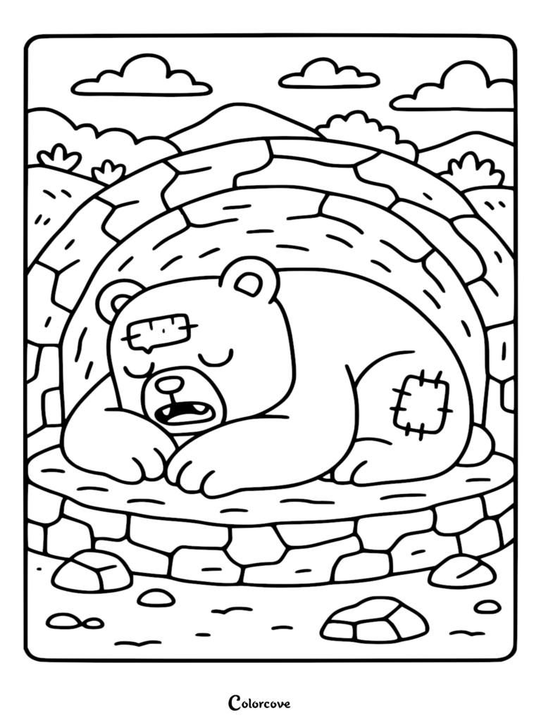 A printable zombie teddy bear coloring page featuring a stitched bear with a forehead patch sleeping inside a stone igloo structure.