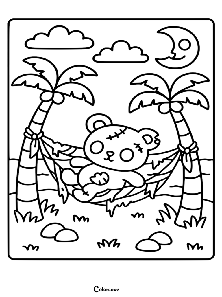 A printable zombie teddy bear coloring page featuring a stitched bear resting in a hammock between two palm trees under a crescent moon.