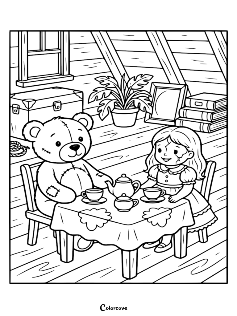 A zombie teddy bear and a doll with a cracked face having a tea party in an attic, line art coloring page.