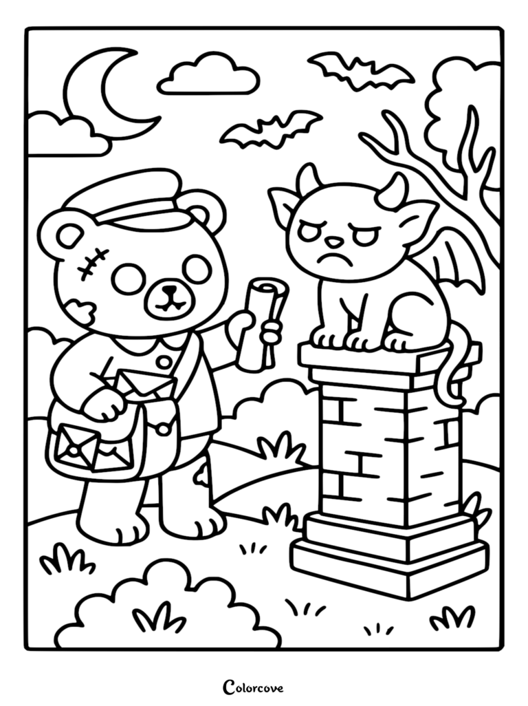 A printable coloring page featuring a zombie teddy bear dressed as a mailman delivering a scroll to a grumpy gargoyle on a stone pillar under a crescent moon.