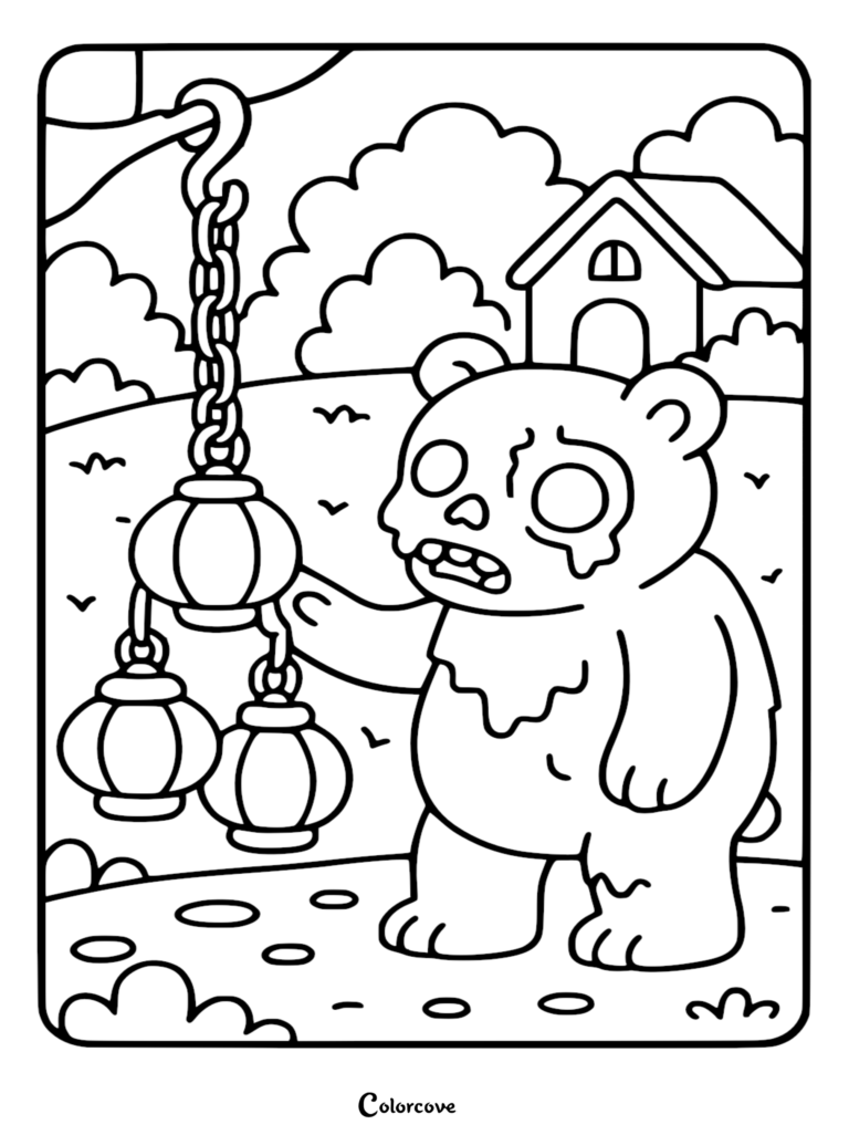 A spooky zombie teddy bear standing in a yard holding a chain of three round lanterns, available as a printable coloring page.
