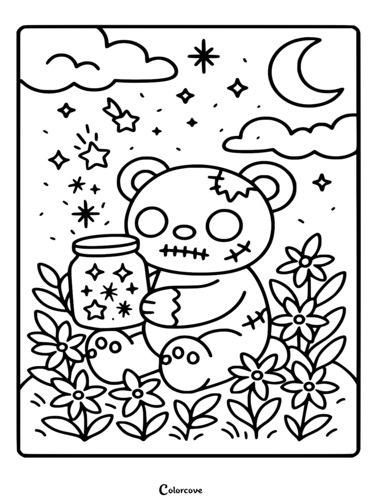 A cute zombie teddy bear with stitched mouth and patches sitting in a field of flowers holding a glass jar filled with glowing stars coloring page.