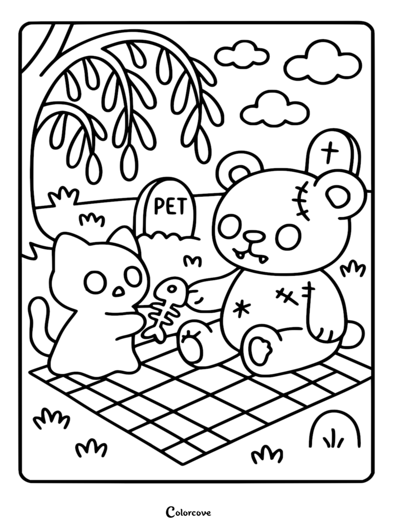 A printable coloring page featuring a stitched zombie teddy bear and a ghost cat sharing a fish skeleton on a checkered picnic blanket in a spooky graveyard.