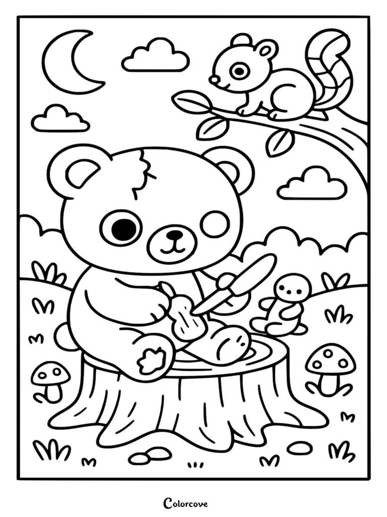 A cute Zombie Teddy Bear with a patched head and one missing eye sitting on a tree stump, playing a ukulele, with a squirrel watching from a branch, rendered as a line art coloring page.