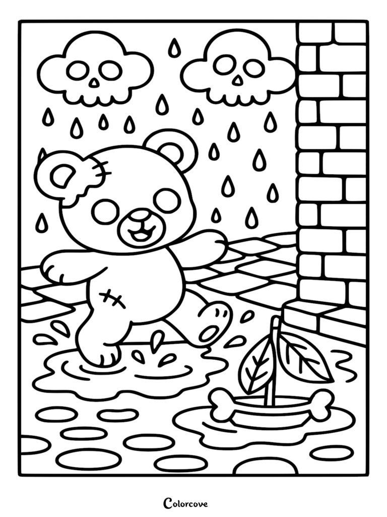 A cute Zombie Teddy Bear with stitches and patches splashing in a puddle under skull-shaped rain clouds, featuring a bone-shaped toy boat, printable coloring page.