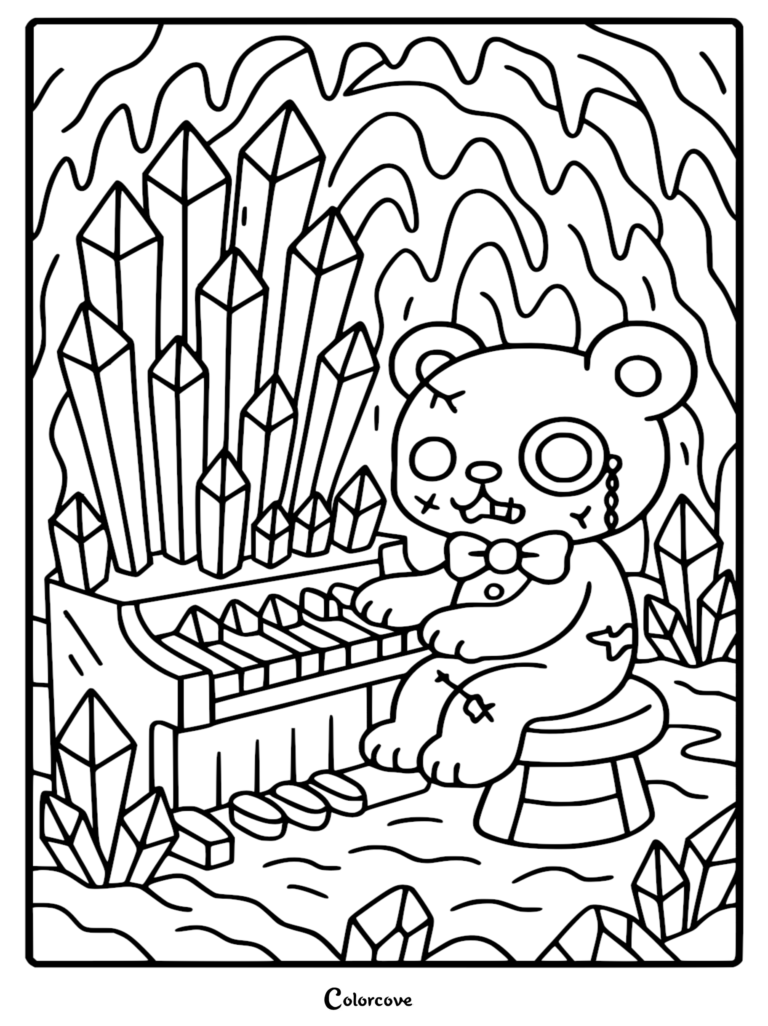 A printable coloring page featuring a stitched-up zombie teddy bear wearing a bow tie and monocle, playing a pipe organ made of sharp crystals in a cavernous setting.