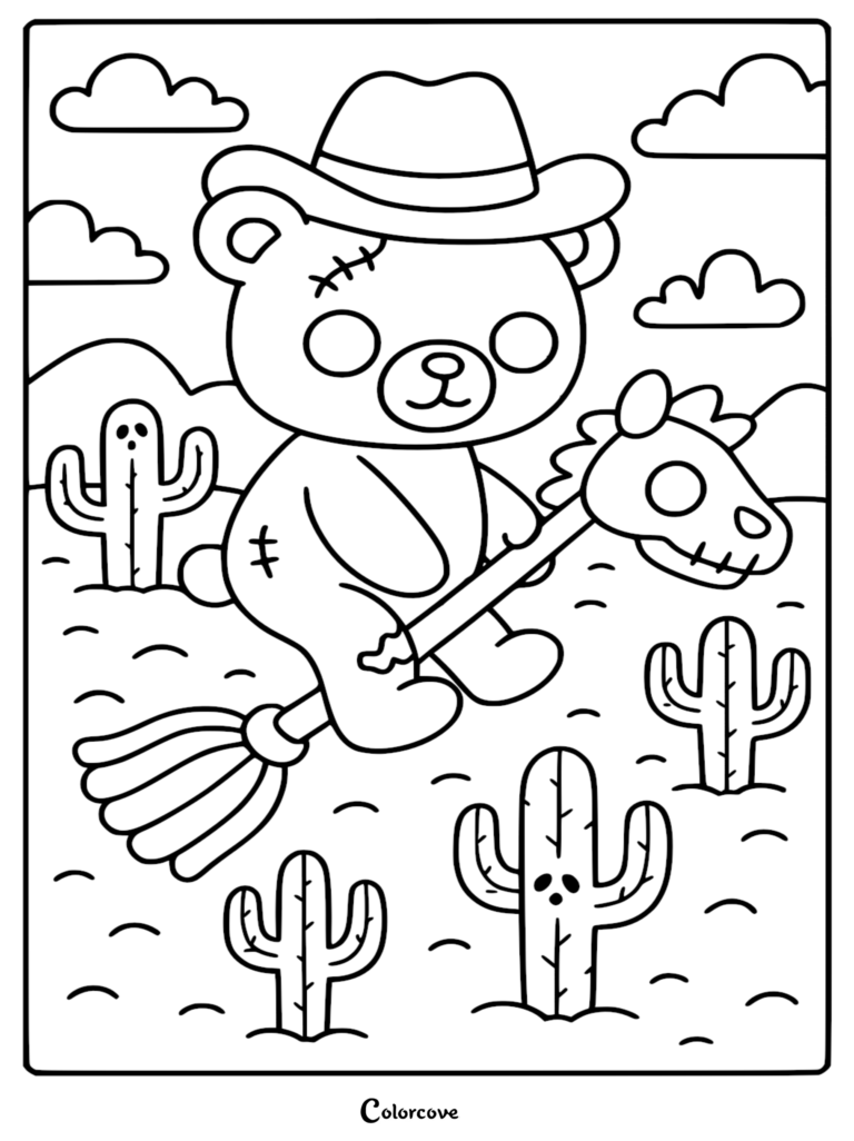 A cute zombie teddy bear wearing a cowboy hat riding a skull hobby horse in a desert with spooky ghost-faced cacti, printable coloring page.