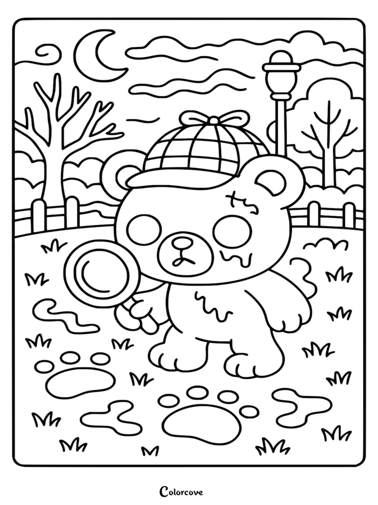 A printable coloring page featuring a cute Zombie Teddy Bear wearing a detective deerstalker hat and holding a magnifying glass in a park at night.
