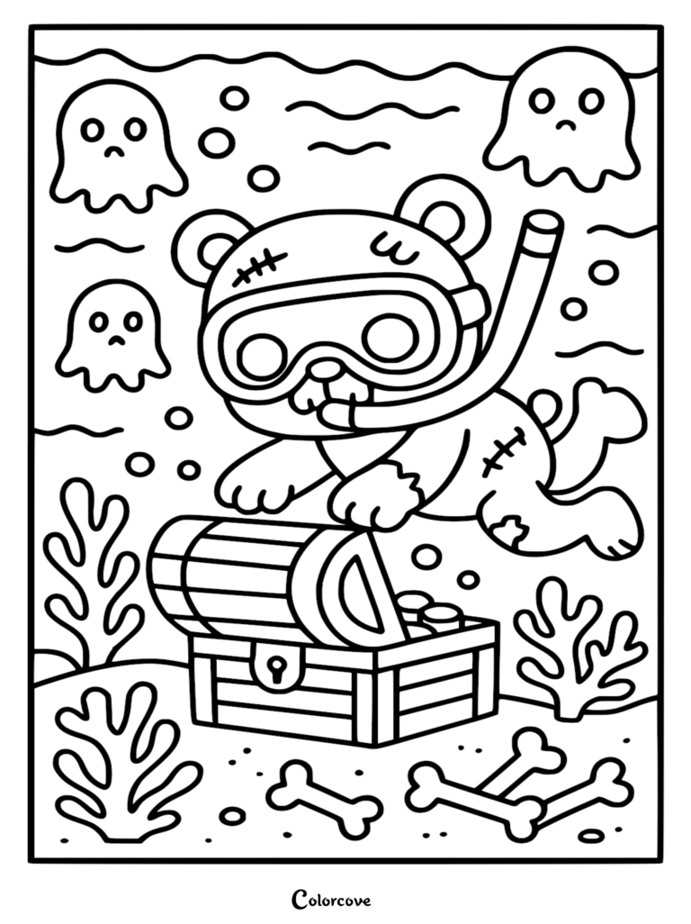 A zombie teddy bear wearing scuba gear swimming underwater toward an open treasure chest surrounded by ghosts and scattered bones in this printable coloring page.