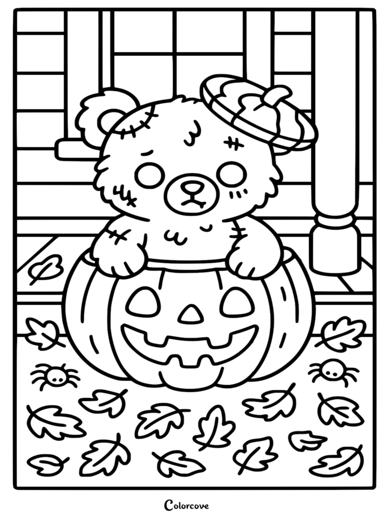 A cute zombie teddy bear with stitched wounds and a pumpkin hat sitting inside a jack-o'-lantern on a porch, printable coloring page.