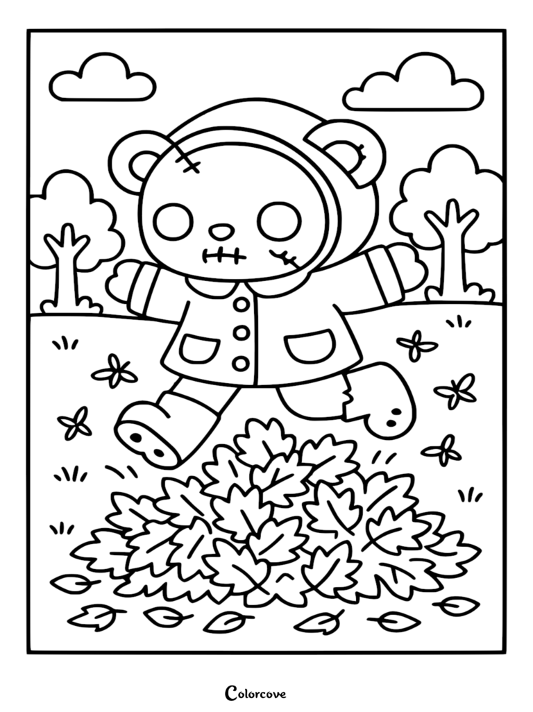 A cute zombie teddy bear with stitched scars wearing a hooded raincoat, jumping into a large pile of fallen autumn leaves, detailed line art coloring page.