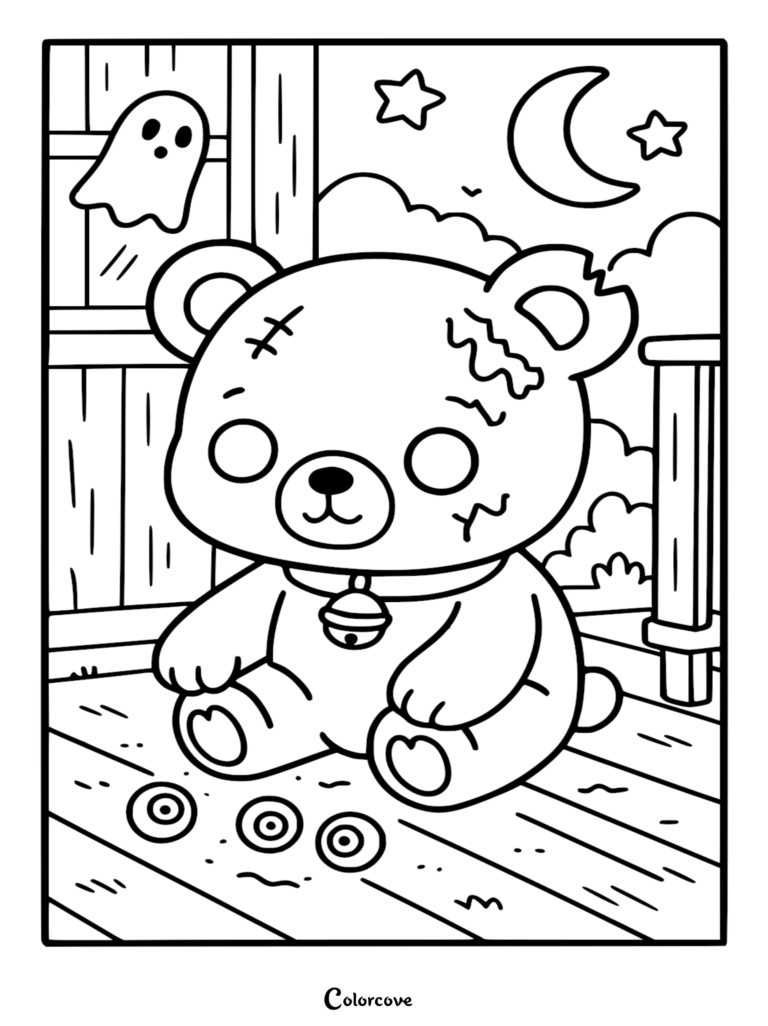 A cute zombie teddy bear with stitched fur and missing eyes sitting on a porch, featuring a ghost, crescent moon, and eyeballs on this printable coloring page.