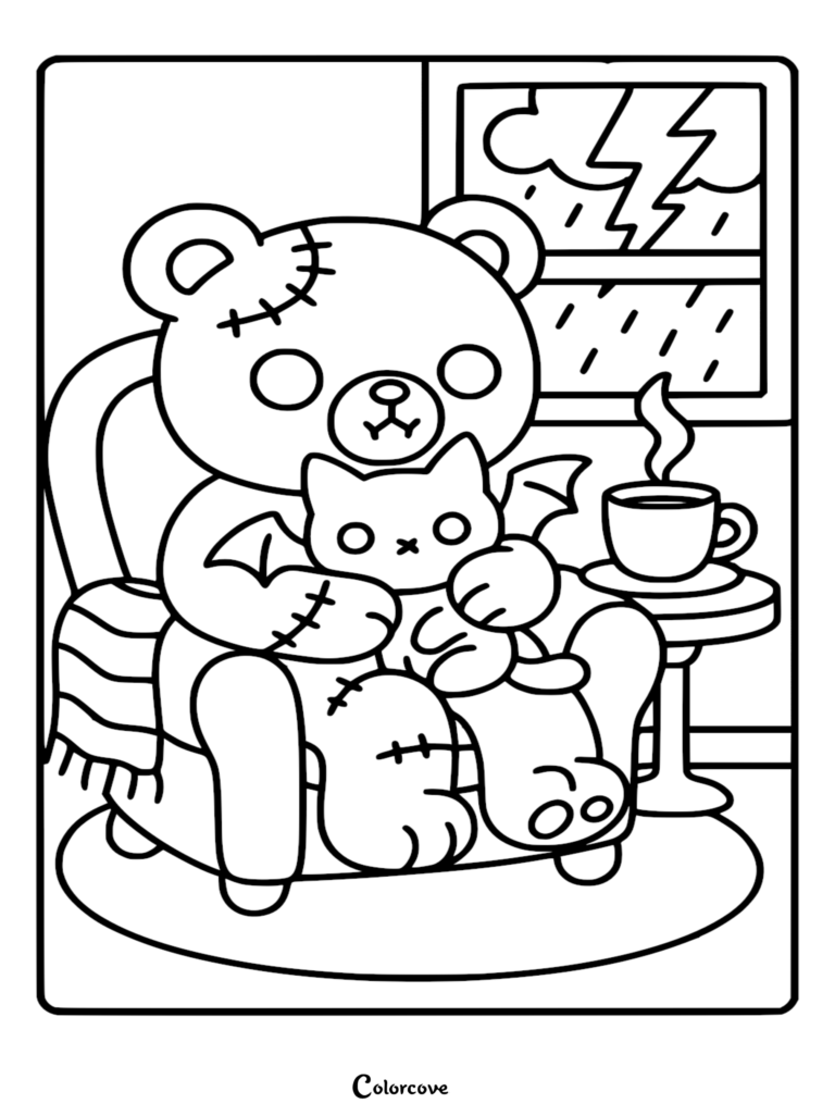 Zombie Teddy Bear sitting in an armchair with a bat-winged cat, featuring scars and stitching, in a stormy window coloring page.