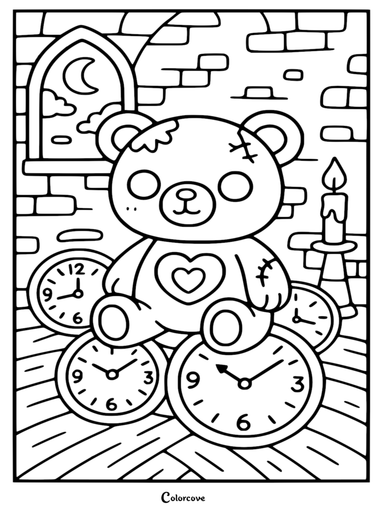 A printable zombie teddy bear coloring page featuring a stitched toy with a heart emblem sitting on piles of analog clocks in a brick room with a crescent moon window and a candle.