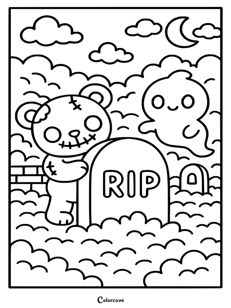 A cute zombie teddy bear with stitched wounds hugging a RIP tombstone next to a friendly ghost in a graveyard, coloring page.