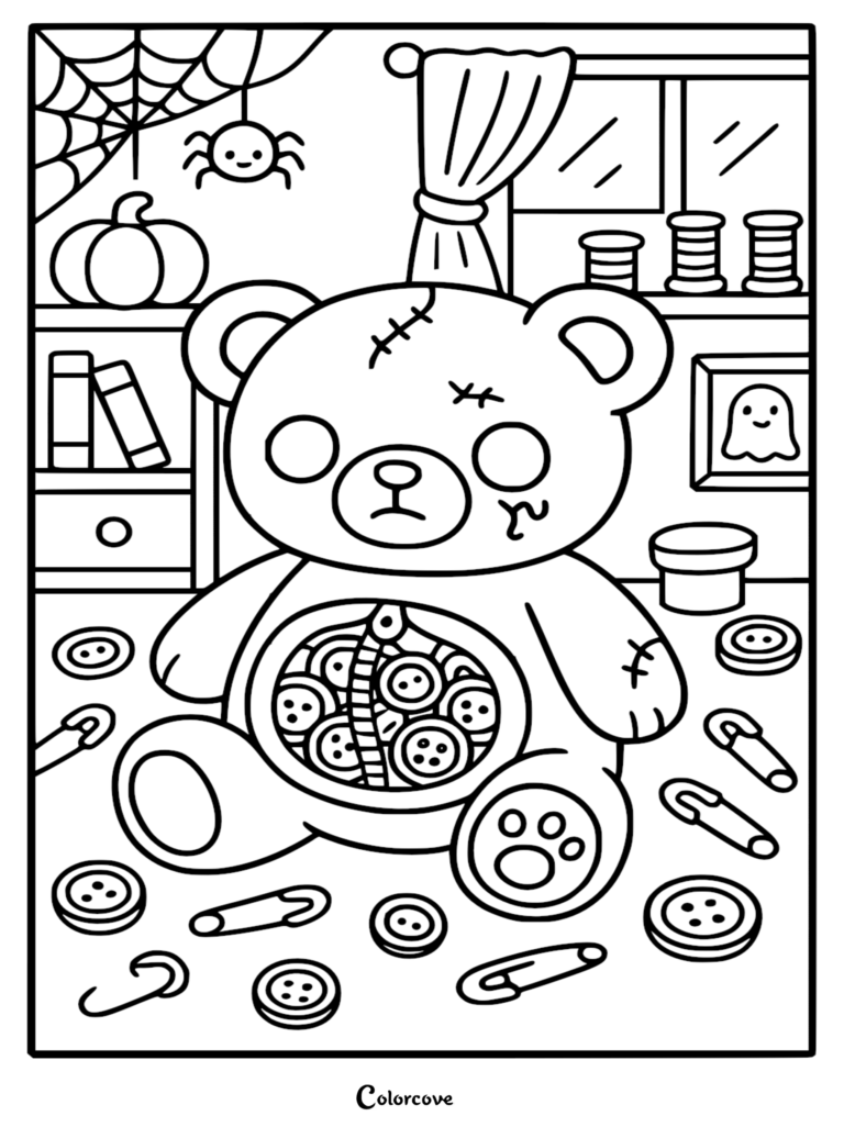 A cute zombie teddy bear with a button-filled belly, stitches, and safety pins in a room with a spider web, ghost picture, and sewing supplies, coloring page.