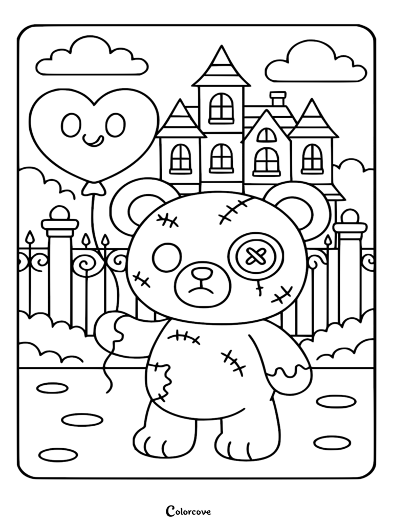 A zombie teddy bear coloring page with stitched patches, a button eye, and a smiling heart balloon in front of a spooky mansion.