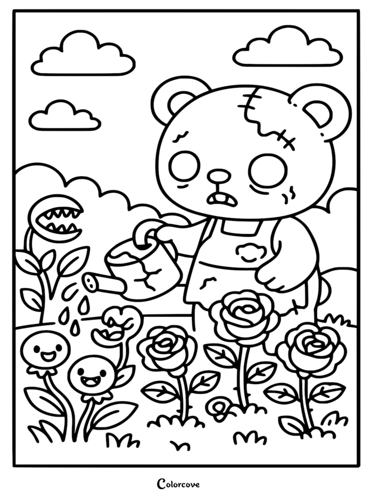 A cute Zombie Teddy Bear with stitches watering a garden of roses and small smiling flowers, coloring page.