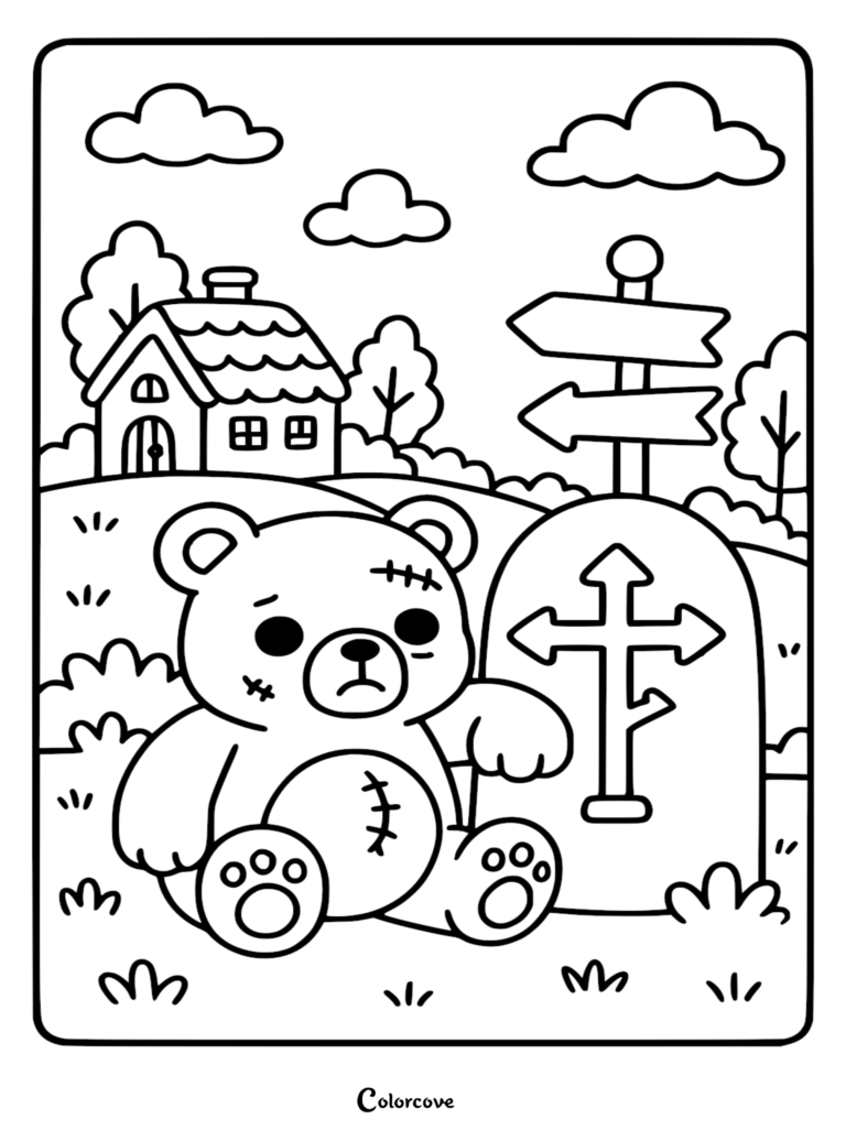 A printable zombie teddy bear coloring page featuring a stitched, sad teddy bear sitting next to a cross-marked tombstone in front of a house.