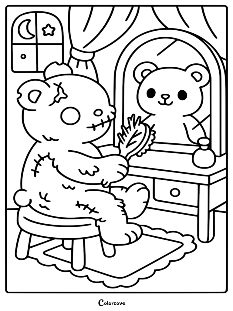 A stitched Zombie Teddy Bear brushing its fur while looking into a vanity mirror in this printable coloring page.