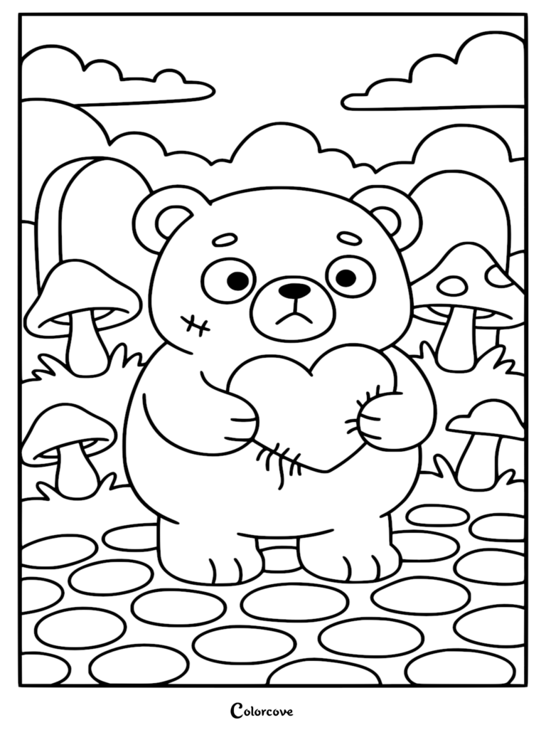 A cute zombie teddy bear holding a stitched heart in a forest of mushrooms, black and white line art coloring page.
