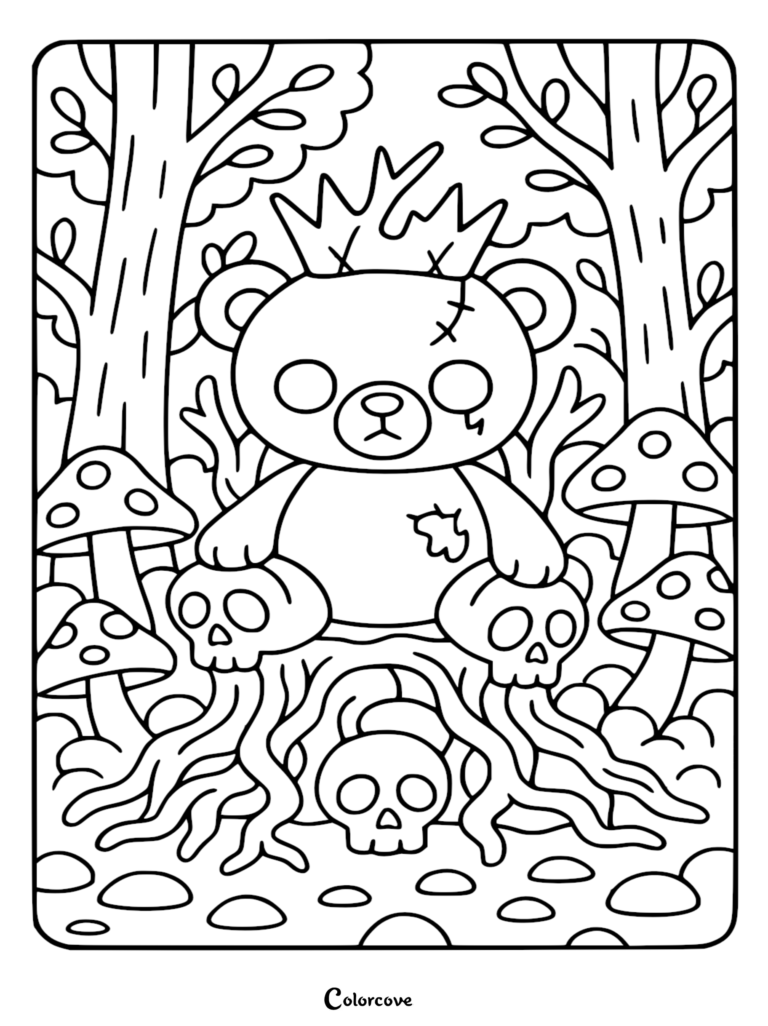 A zombie teddy bear wearing a jagged crown, sitting on a tree stump surrounded by skulls and mushrooms in a dark forest, line art coloring page.