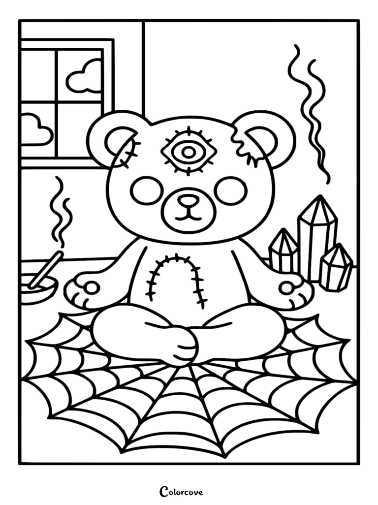 A creepy zombie teddy bear with a third eye meditating on a spider web, coloring page style line art.