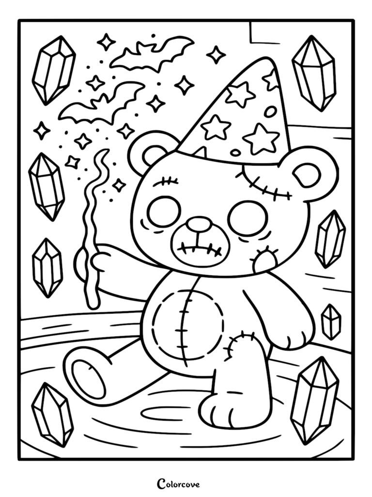 A printable coloring page featuring a stitched zombie teddy bear wearing a star-patterned wizard hat, holding a magic wand surrounded by flying bats and floating crystals.