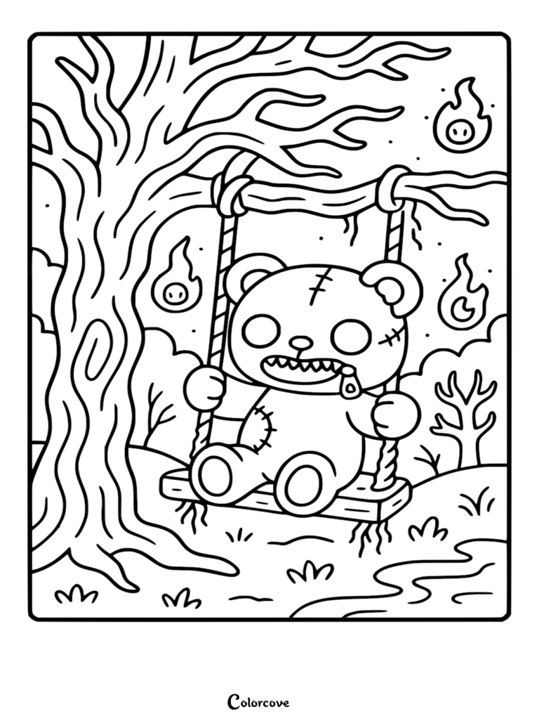 A creepy zombie teddy bear with stitched wounds and sharp teeth sitting on a wooden swing under a bare tree, surrounded by floating ghost flames in a coloring page.