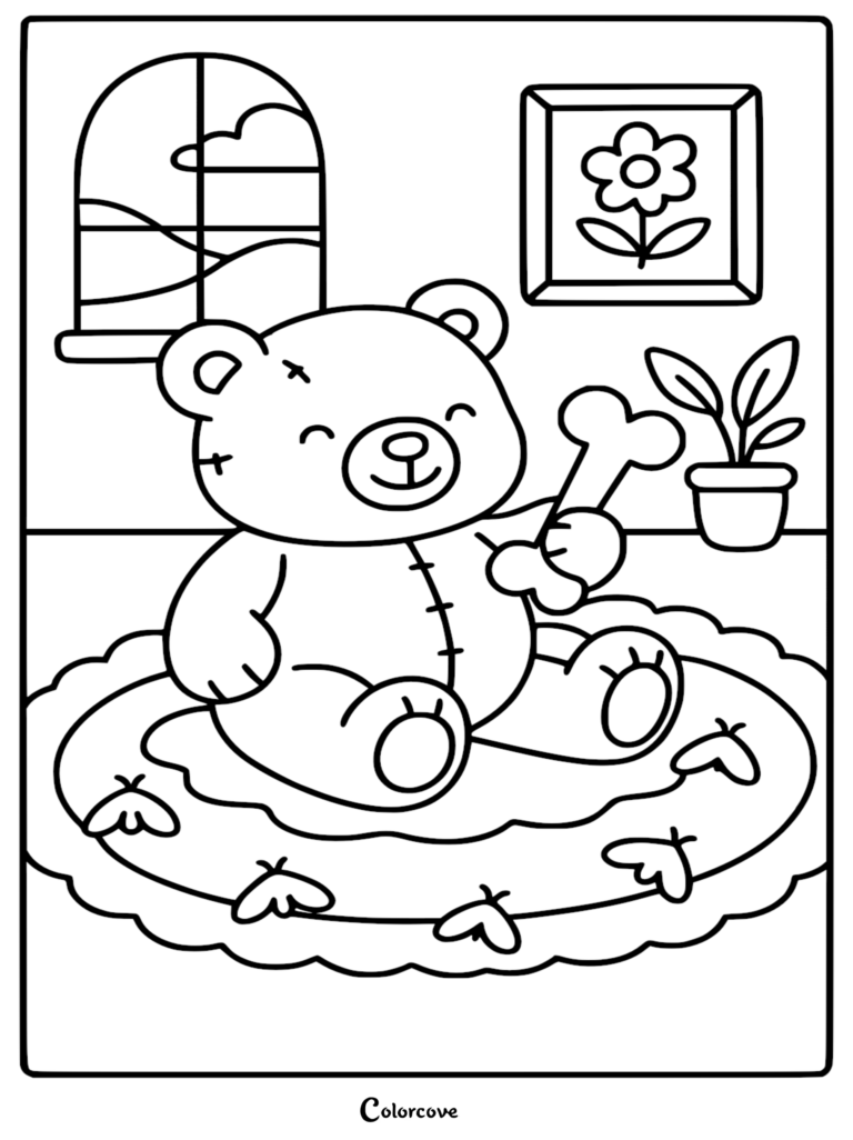 A smiling, stitched-up zombie teddy bear sitting on a heart-patterned rug, holding a bone in a room with a window, plant, and flower wall art on this printable coloring page.