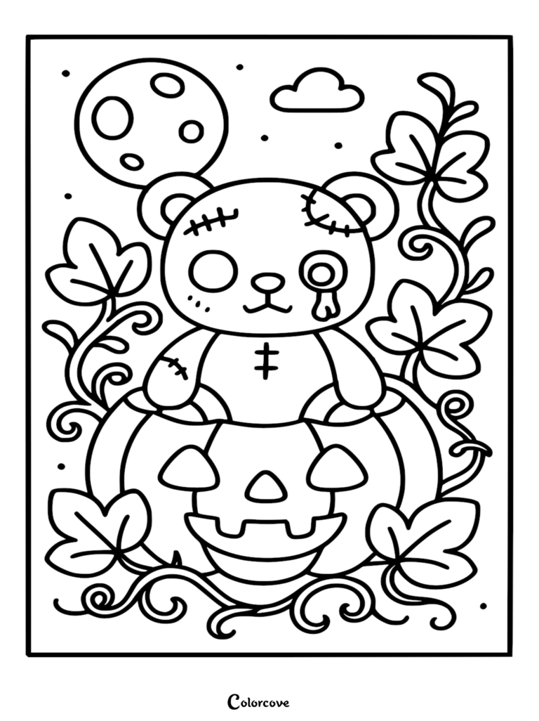 A cute zombie teddy bear with stitches and a monocle eye sitting on a smiling jack-o'-lantern surrounded by vines in this Halloween coloring page.
