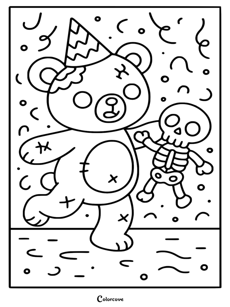 A cute zombie teddy bear wearing a party hat and holding a small skeleton in this printable coloring page surrounded by confetti.