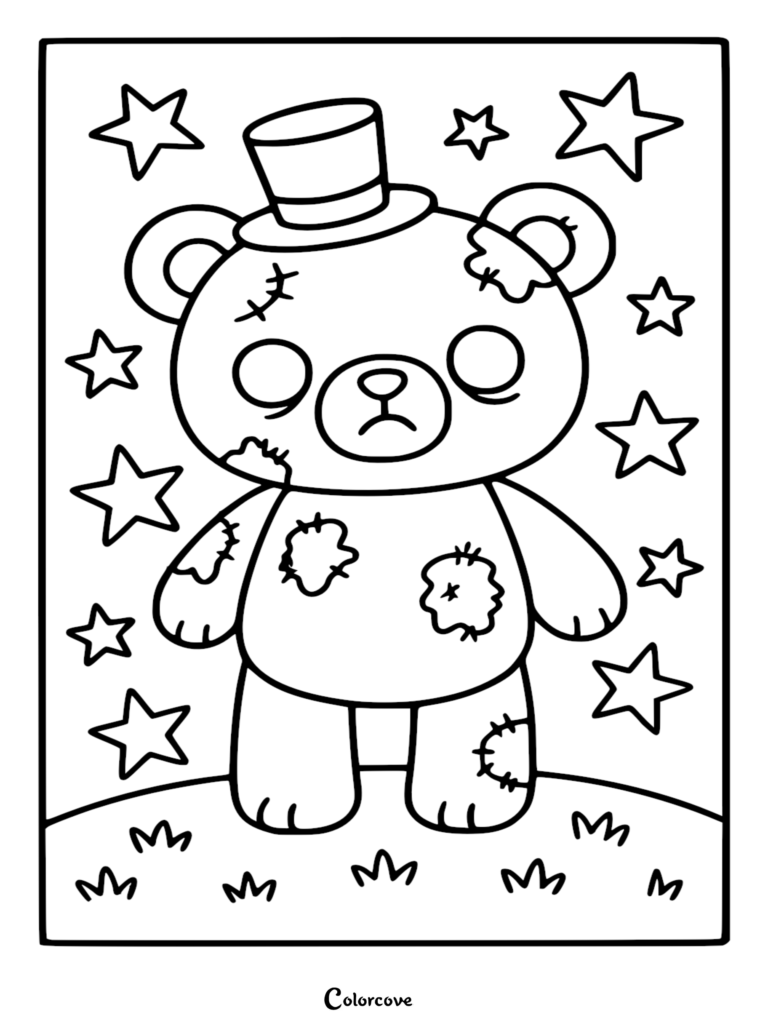 A printable coloring page of a cute zombie teddy bear wearing a top hat, surrounded by stars in a grassy field with patches and stitches.