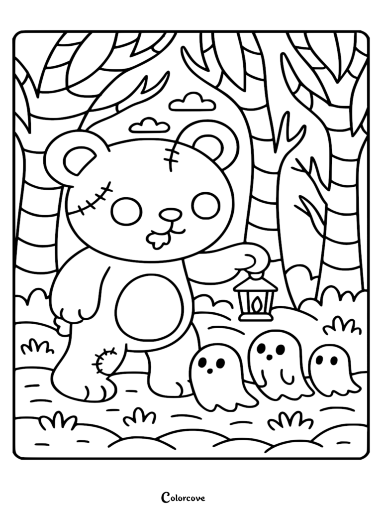 A cute zombie teddy bear with stitches holding a lantern in a spooky forest with three small ghosts in this printable coloring page.