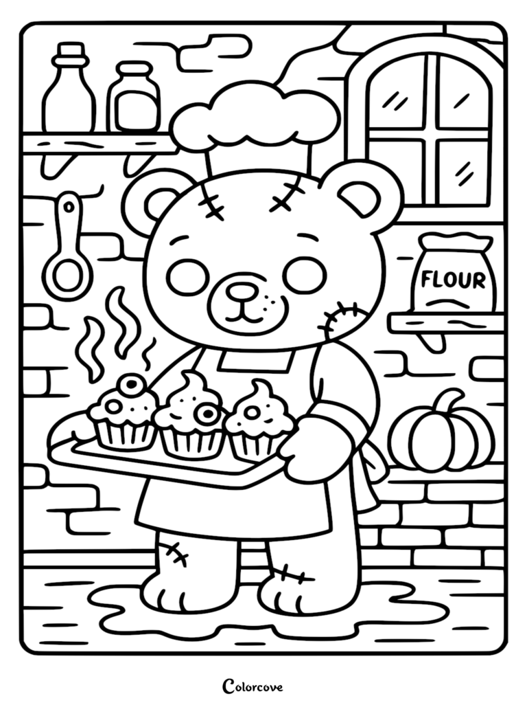 A cute zombie teddy bear wearing a chef hat and apron holding a tray of steaming cupcakes in a kitchen, printable coloring page.