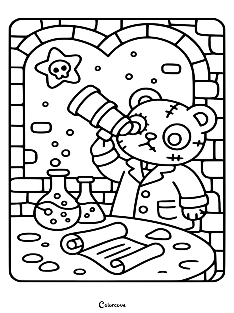 A Zombie Teddy Bear scientist wearing a lab coat looks through a telescope in a brick laboratory in this printable coloring page.