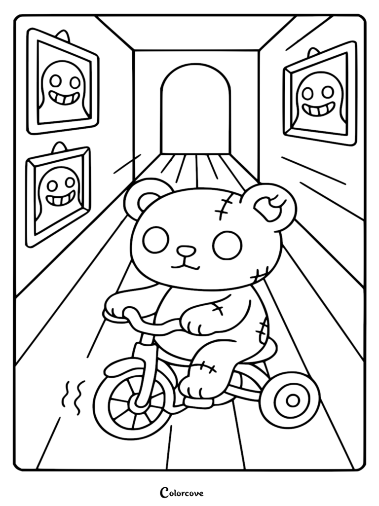 A stitched Zombie Teddy Bear riding a tricycle down a hallway with spooky ghost portraits in this printable coloring page.