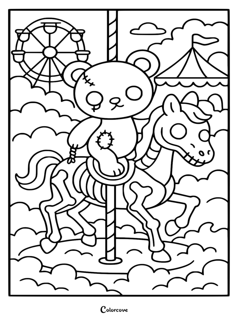 A creepy zombie teddy bear with stitches riding a skeleton carousel horse, featuring a ferris wheel and carnival tent in the background, outline style coloring page.