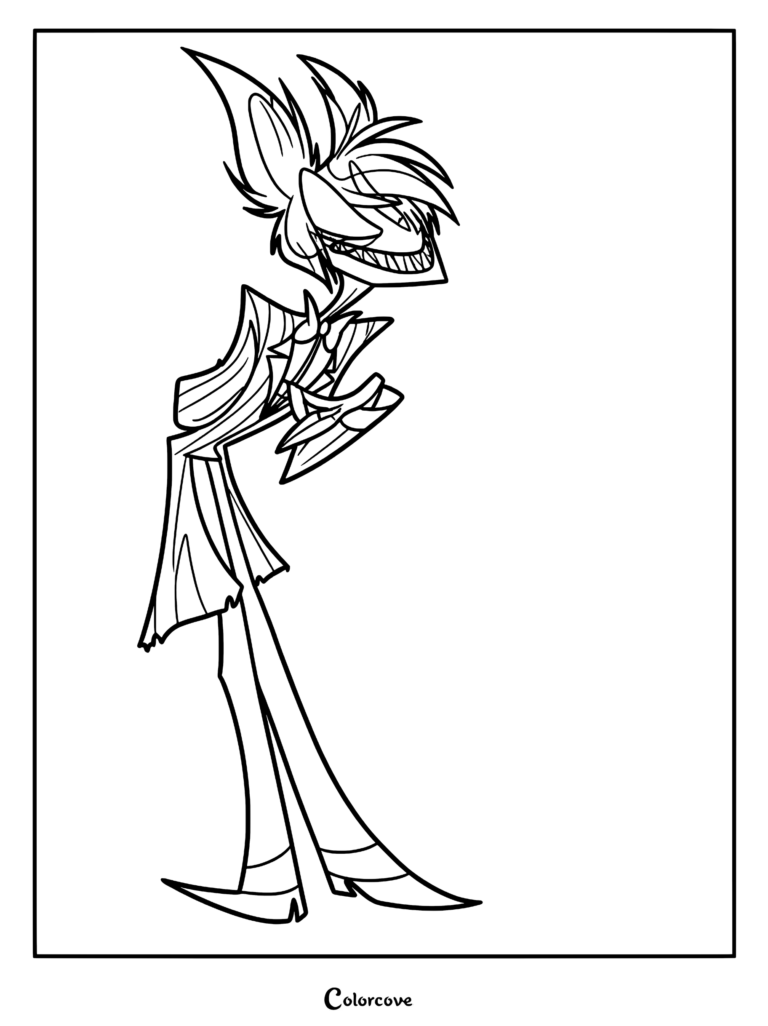 Alastor from Zoophobia standing in a sharp suit with a wide, toothy grin in this printable coloring page.