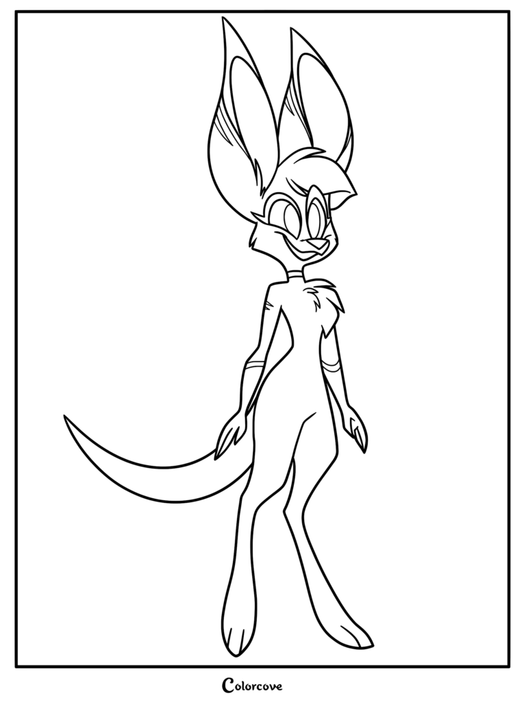 A printable coloring page featuring Kayla from Zoophobia standing with large ears and a slender tail.