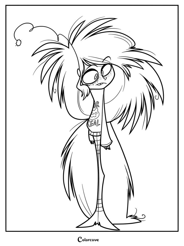 MacKenzie from Zoophobia with messy hair and a cat shirt in a printable coloring page format.