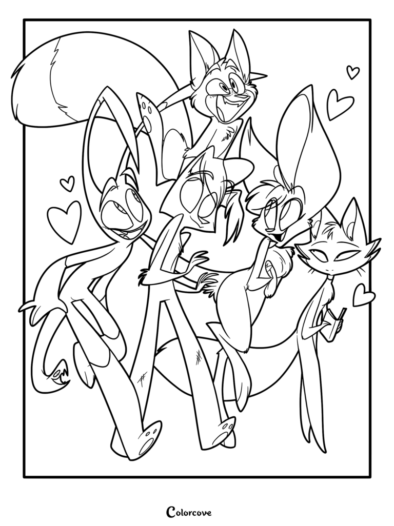 Zoophobia Main Five characters including Cameron, Damian, Addi, Jackaroo, and Kayla in a group hug coloring page.