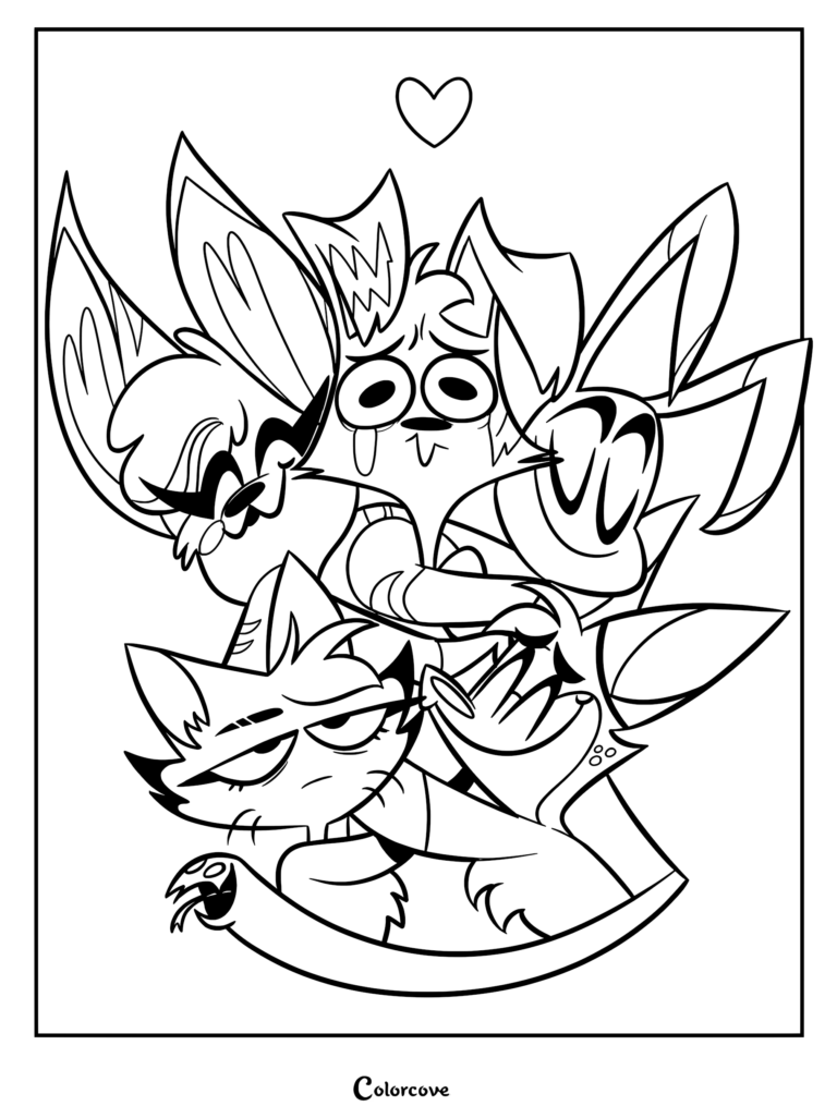 The Main Five characters from Zoophobia huddled together in a group hug, line art coloring page.