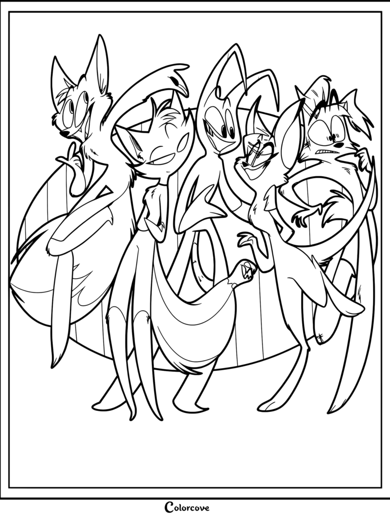 A printable coloring page featuring the Zoophobia Main Five characters standing together in a group pose.